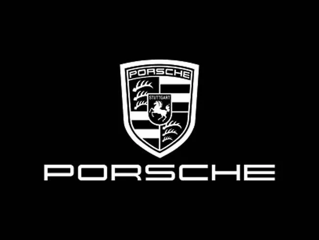 Black background with white Porsche logo and text.