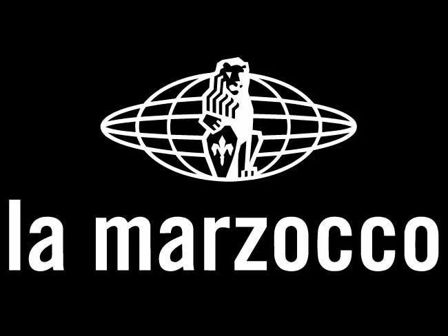 Black background with a stylized white logo of a person in front of a globe, and text that says "la marzocco".