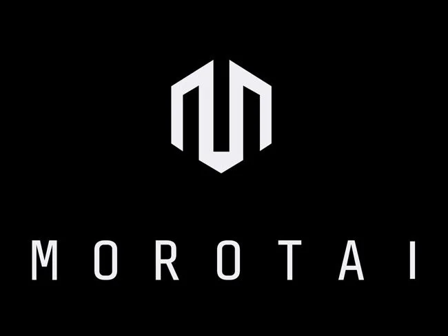 A black background with a white geometric logo above the word "MOROTAI" in white capital letters.