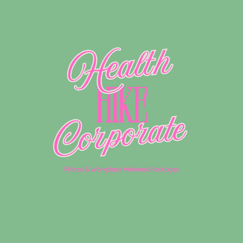 A green background with pink and white text that reads "Health Hike Corporate" and smaller text below that says "Pilates & Workplace Wellness Packages."