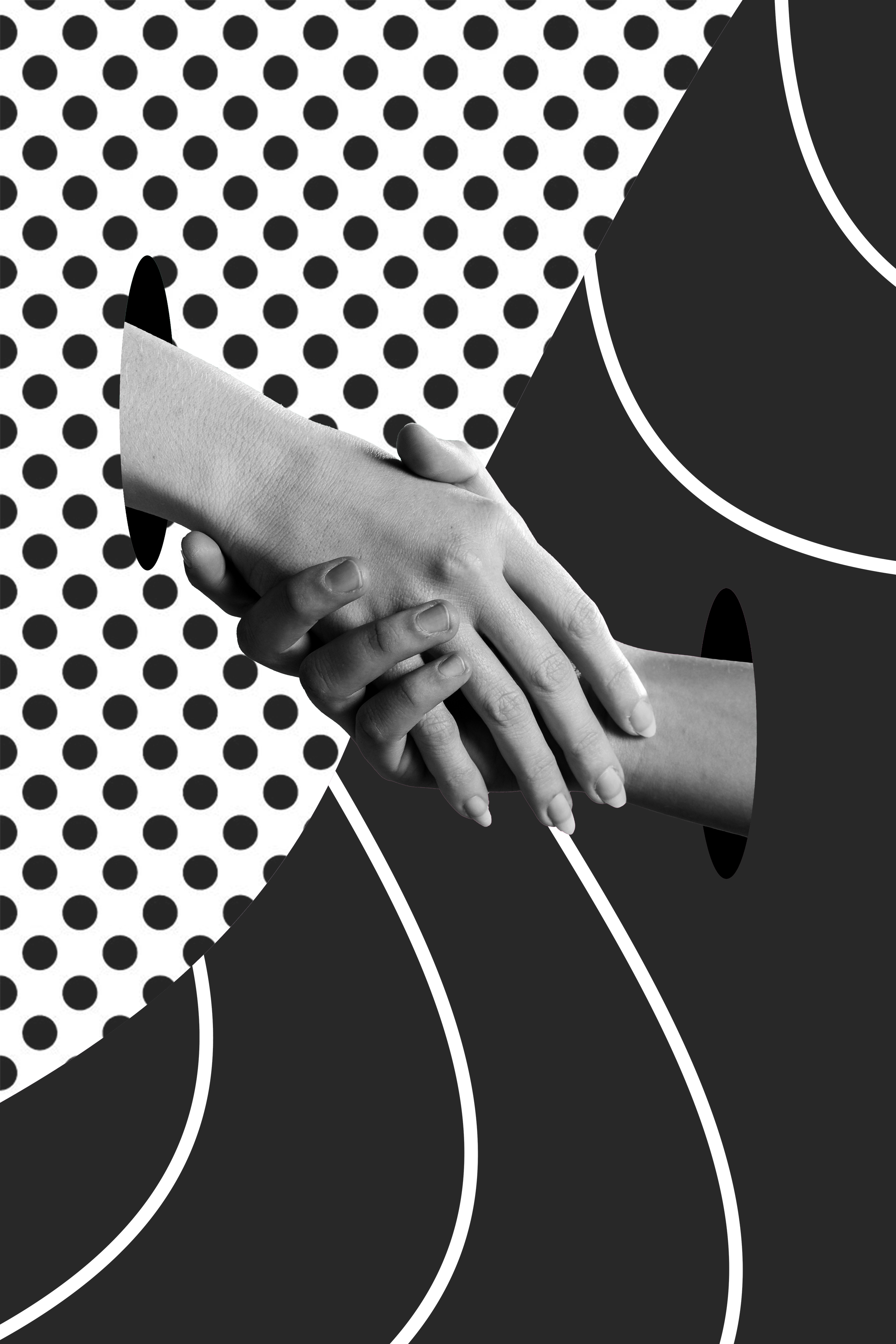 Black and white photo of a handshake between two people, with a background of abstract patterns and polka dots.