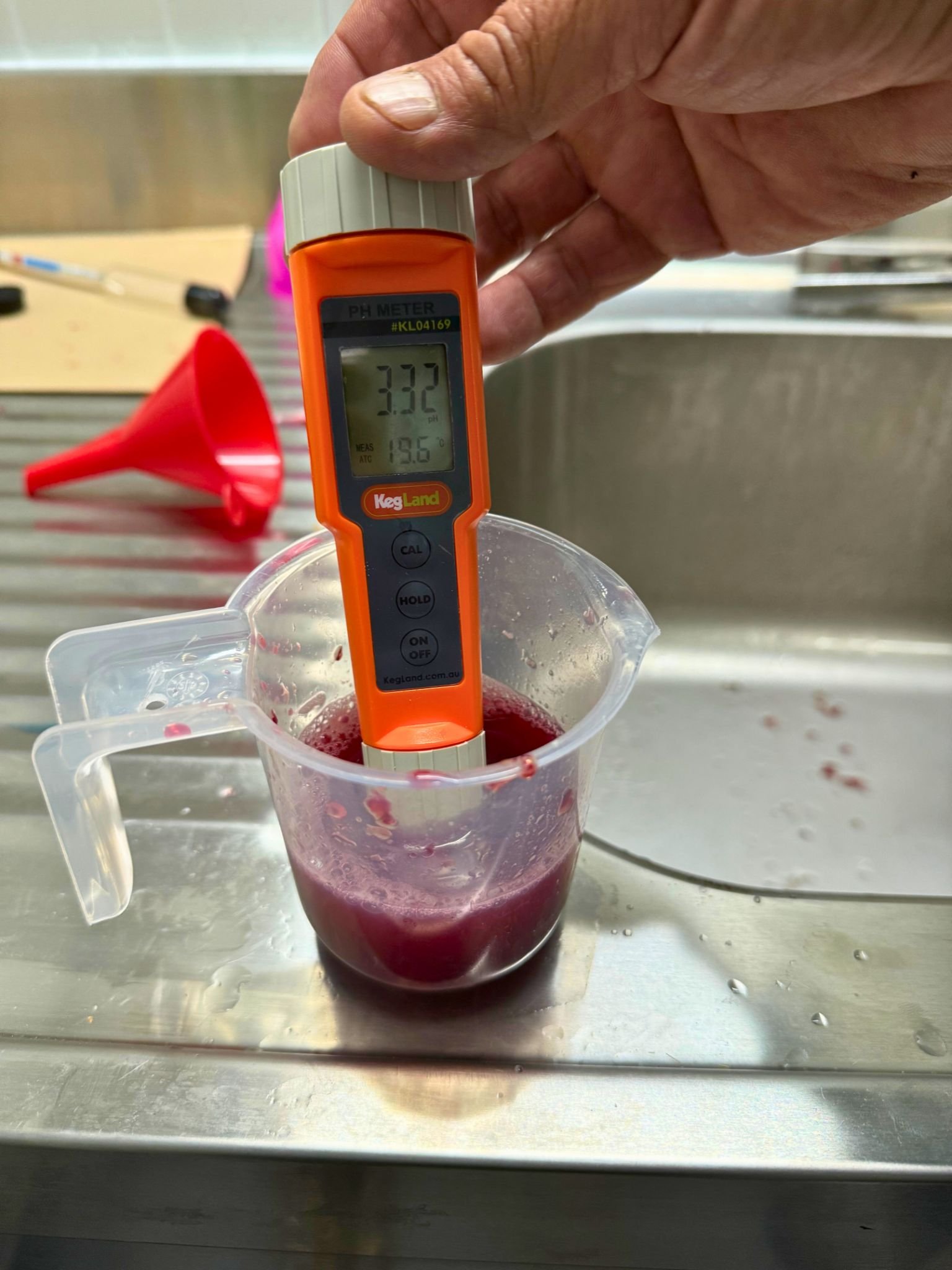 Een hand houdt een digitale pH-meter boven een doorzichtige maatbeker met de jonge wijn van wijngaard bossenblie uit Axel