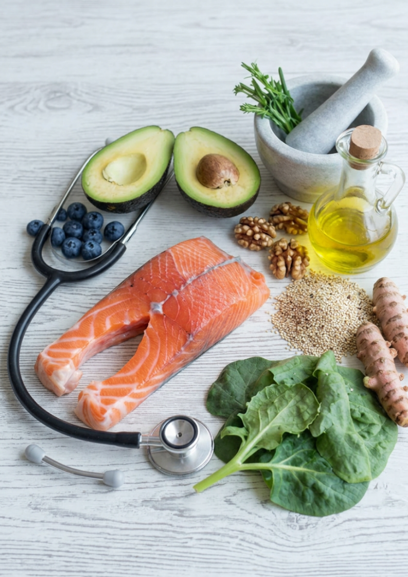 Une sélection d'aliments sains sur une surface en bois, comprenant de l'avocat, du saumon, des myrtilles, des noix, des épinards, du gingembre, de l'huile d'olive, des graines et des herbes.