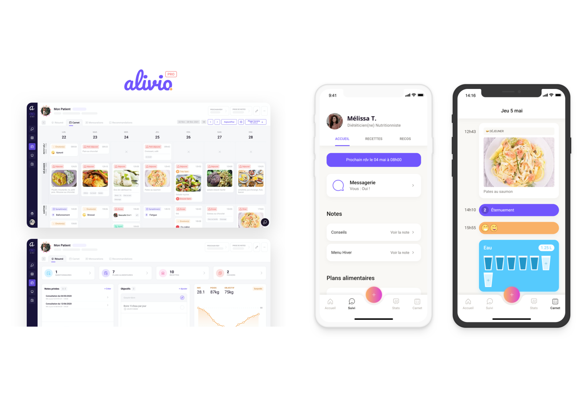 Capture d'écran d'une application de gestion de santé et d'une application de suivi alimentaire sur smartphone.