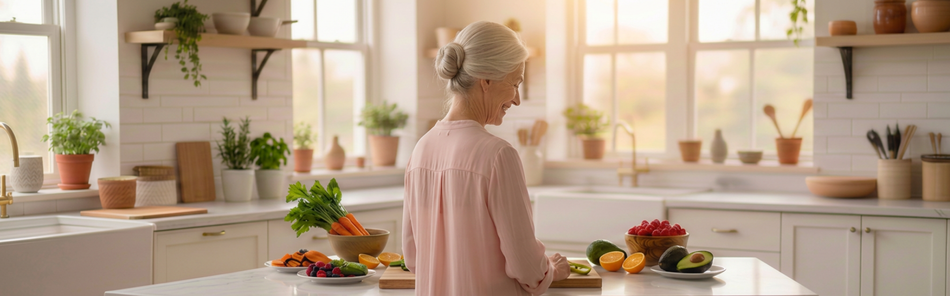 Une femme âgée prépare des fruits et légumes dans une cuisine lumineuse avec de nombreuses plantes en pot et des étagères flanquées de vaisselle en céramique.