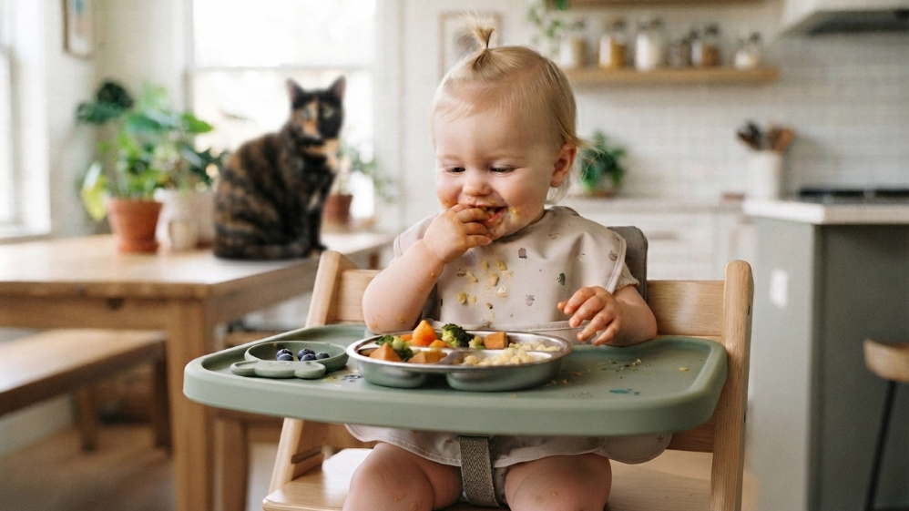 Jeune enfant mangeant de la nourriture dans un plateau, dans une cuisine avec un chat sur la table à fond.