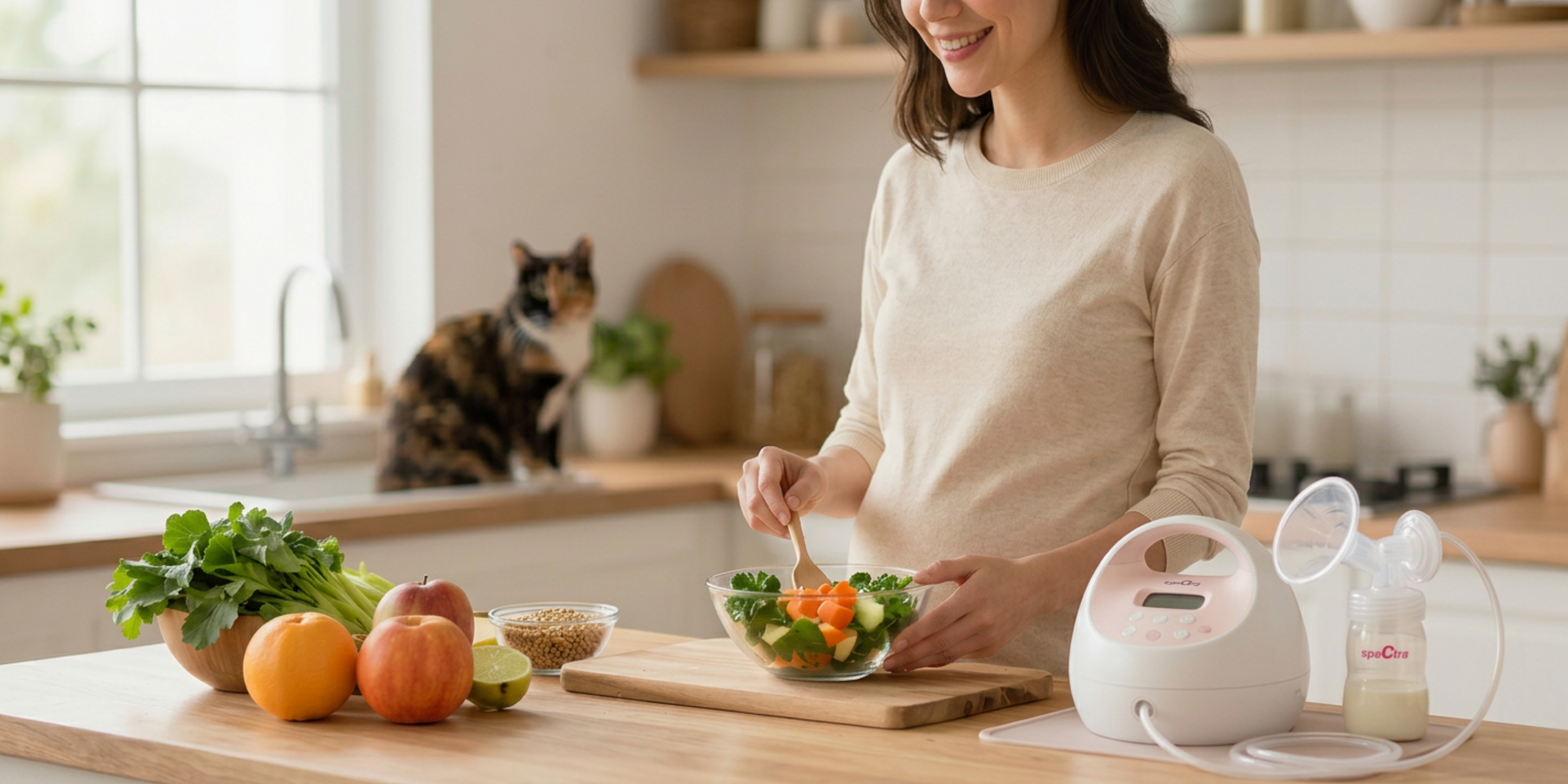 Une femme prépare une salade dans une cuisine lumineuse, avec un chat tacheté assis sur l'évier derrière elle. Sur le plan de travail, il y a des fruits, des légumes et un appareil de cuisson. La femme sourit en mélangeant la salade dans un bol.