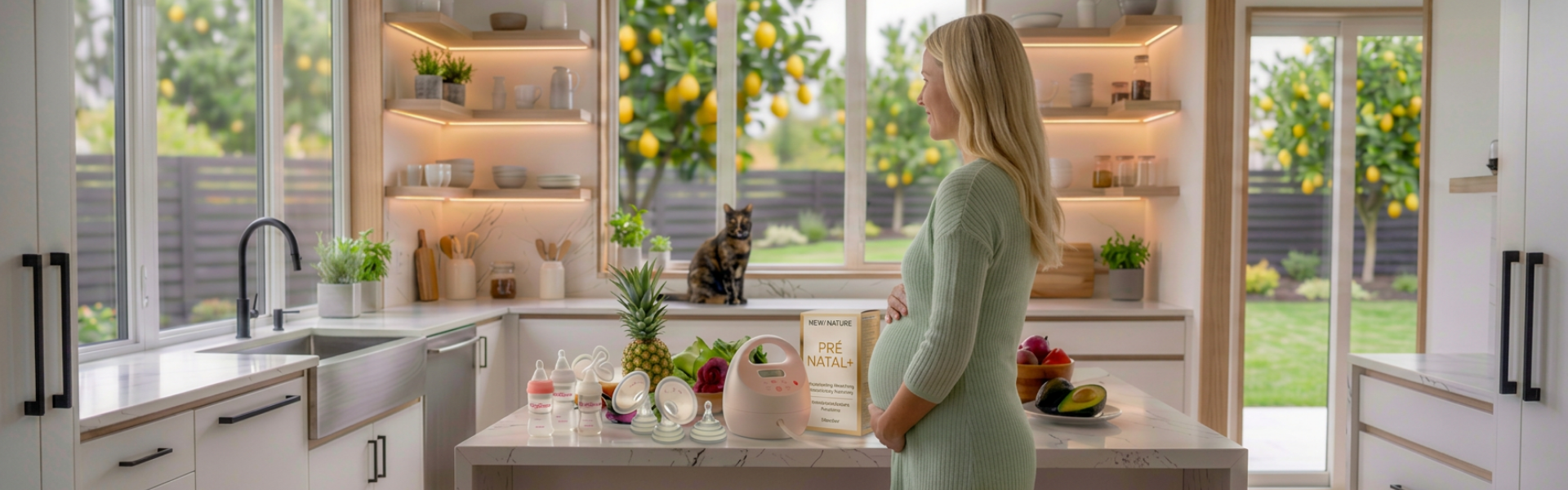 Une femme enceinte dans une cuisine moderne, entourée de divers produits pour bébé et un diffuseur d'air sur un îlot central, avec une vue d'un jardin avec des arbres fruitiers en arrière-plan.