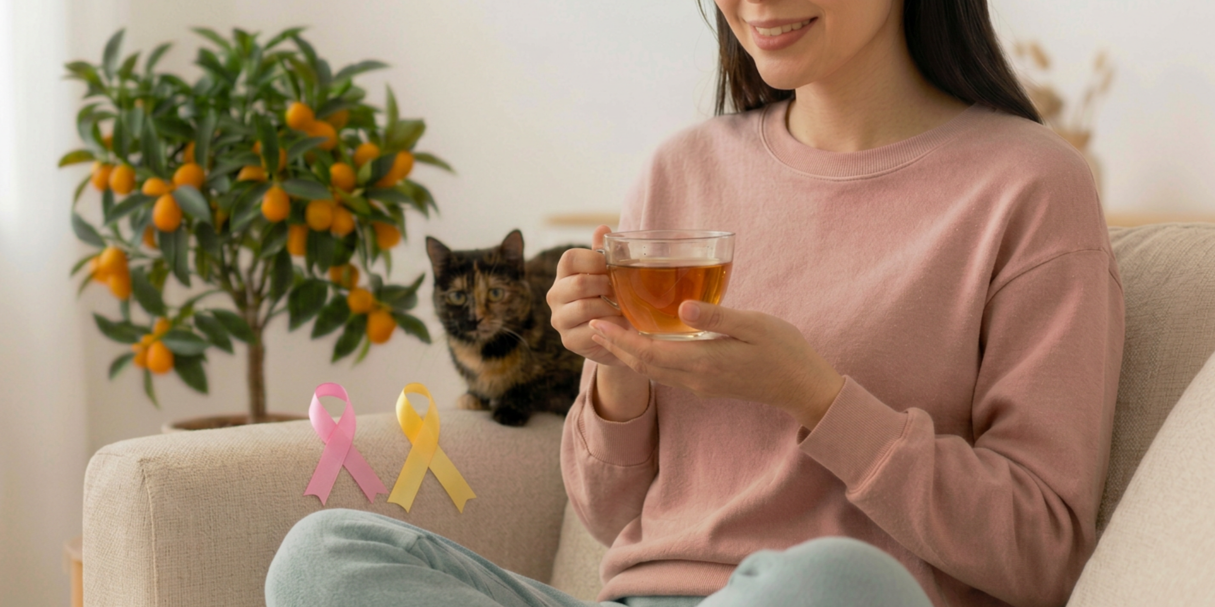 Une femme assise sur un canapé tient une tasse en verre contenant une boisson chaude, un chat tacheté est assis derrière elle, à côté d'un arbre d'appartement avec des fruits oranges, et des rubans roses et jaunes sont placés sur le canapé.