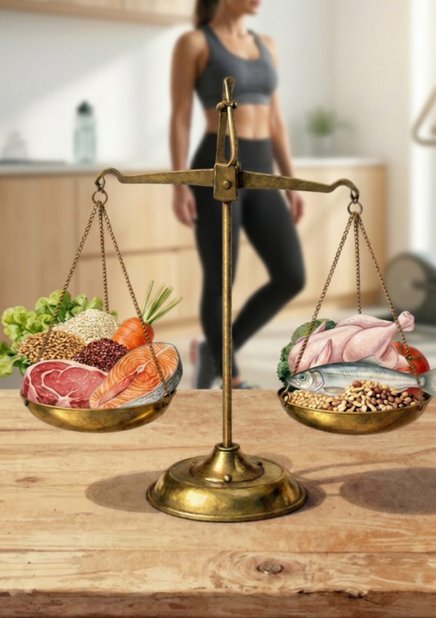Balance à l'équilibre avec des aliments carnés, du poisson, des légumes, des céréales et des légumineuses, avec une femme en arrière-plan, floue.