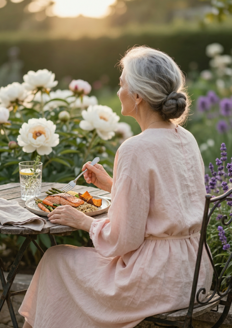 Femme âgée assise à une table en bois dans un jardin de fleurs, mangeant un repas avec du poisson, des légumes et un verre d'eau citronnée, lors d'un coucher de soleil.