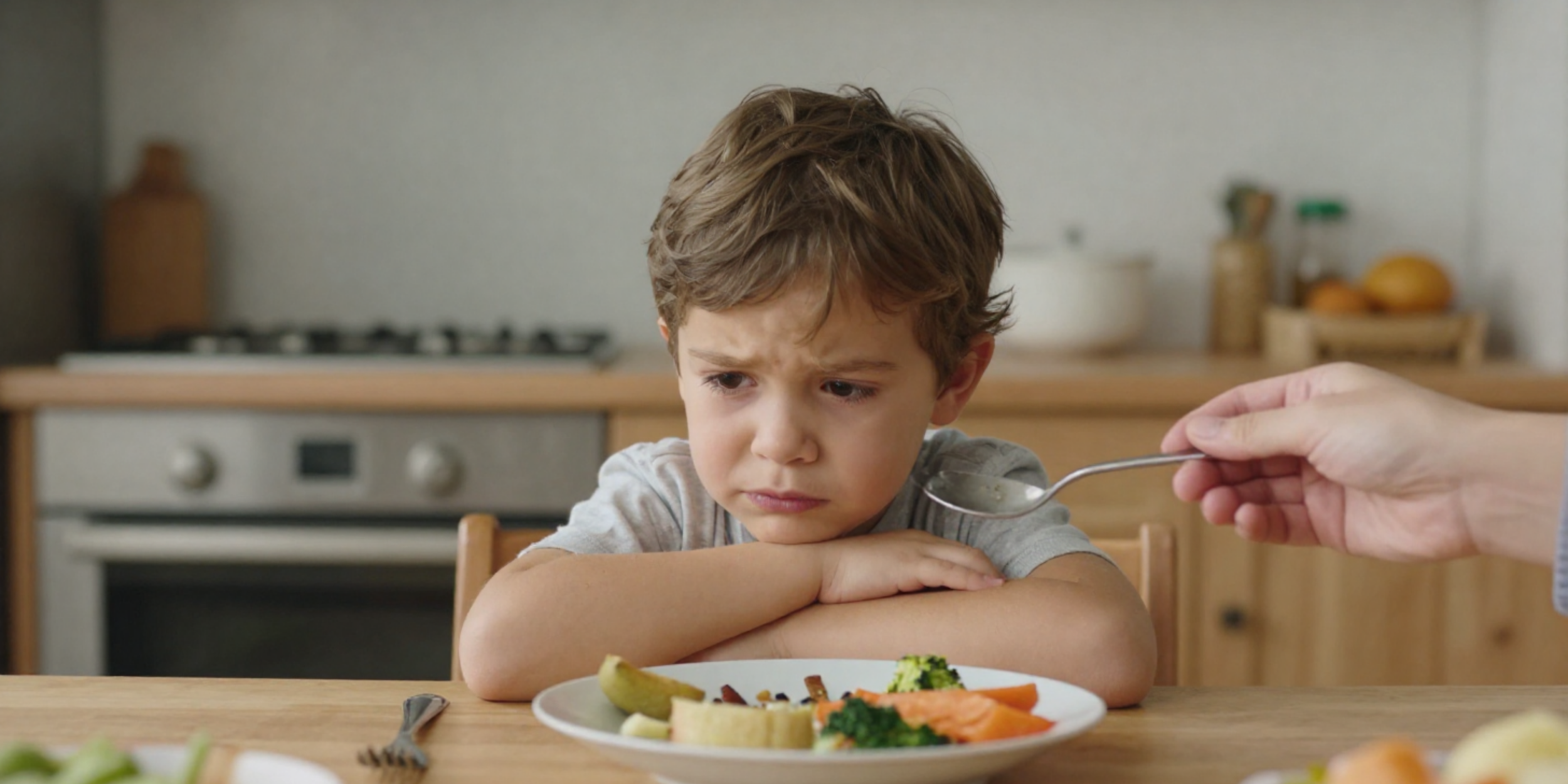 Un garçon regarde avec mécontentement une assiette de légumes et de fruits, un adult lui tend une cuillère.