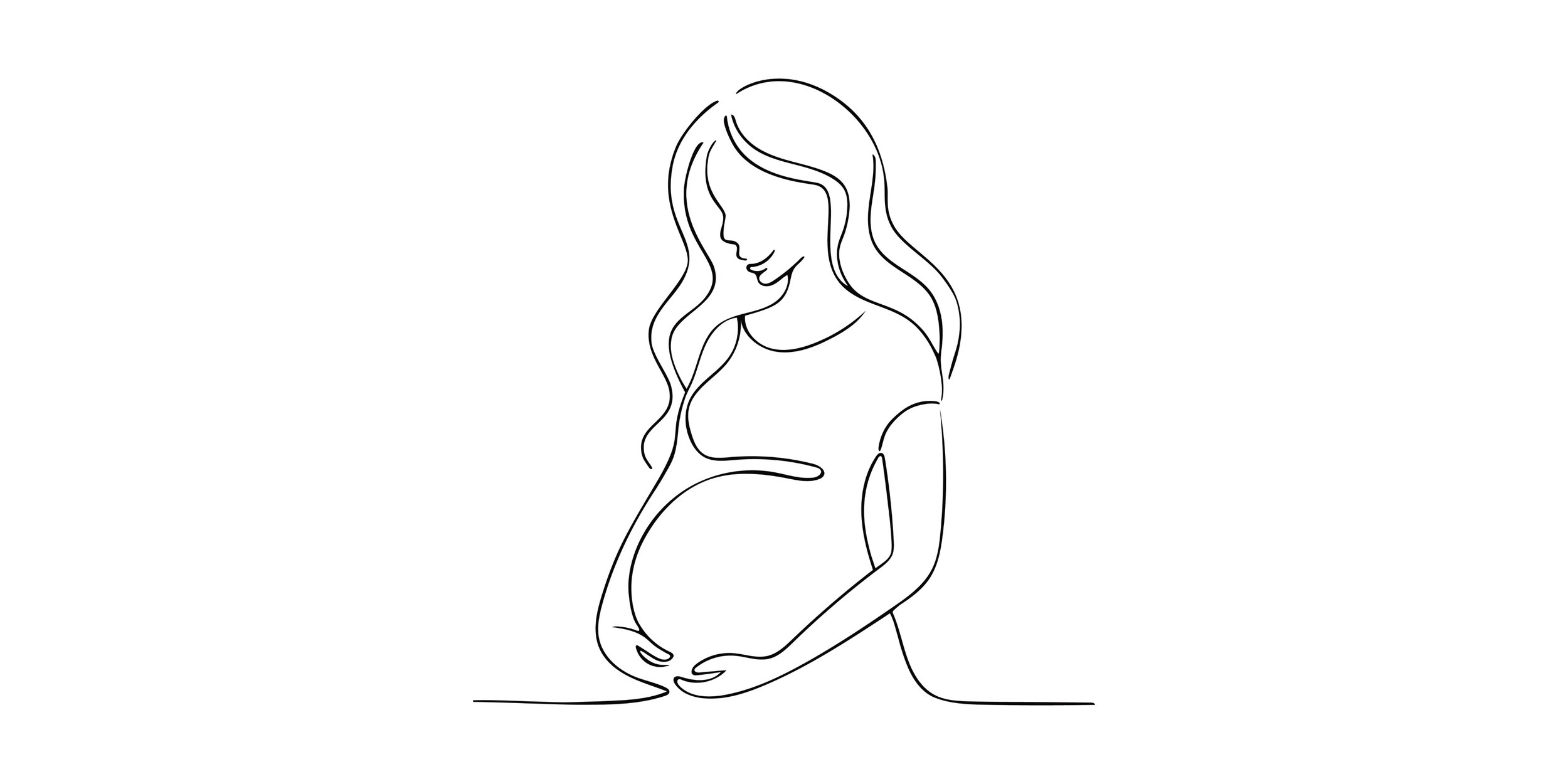 Dessin minimaliste d'une femme enceinte, en ligne, qui tient son ventre avec les deux mains.