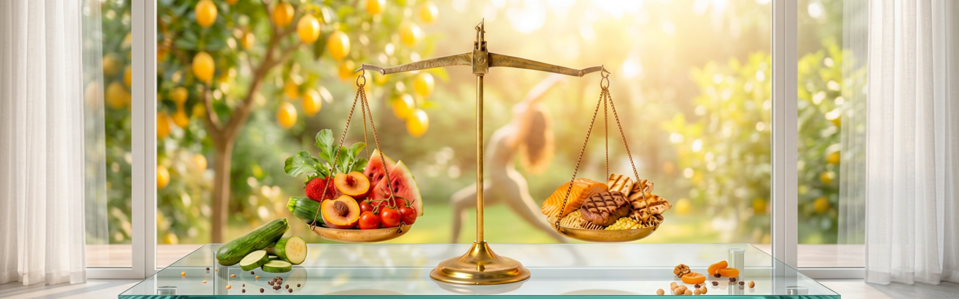 Une balance avec des fruits frais d'un côté et de la viande et des snacks de l'autre, avec un jardin en arrière-plan visible à travers une grande fenêtre.