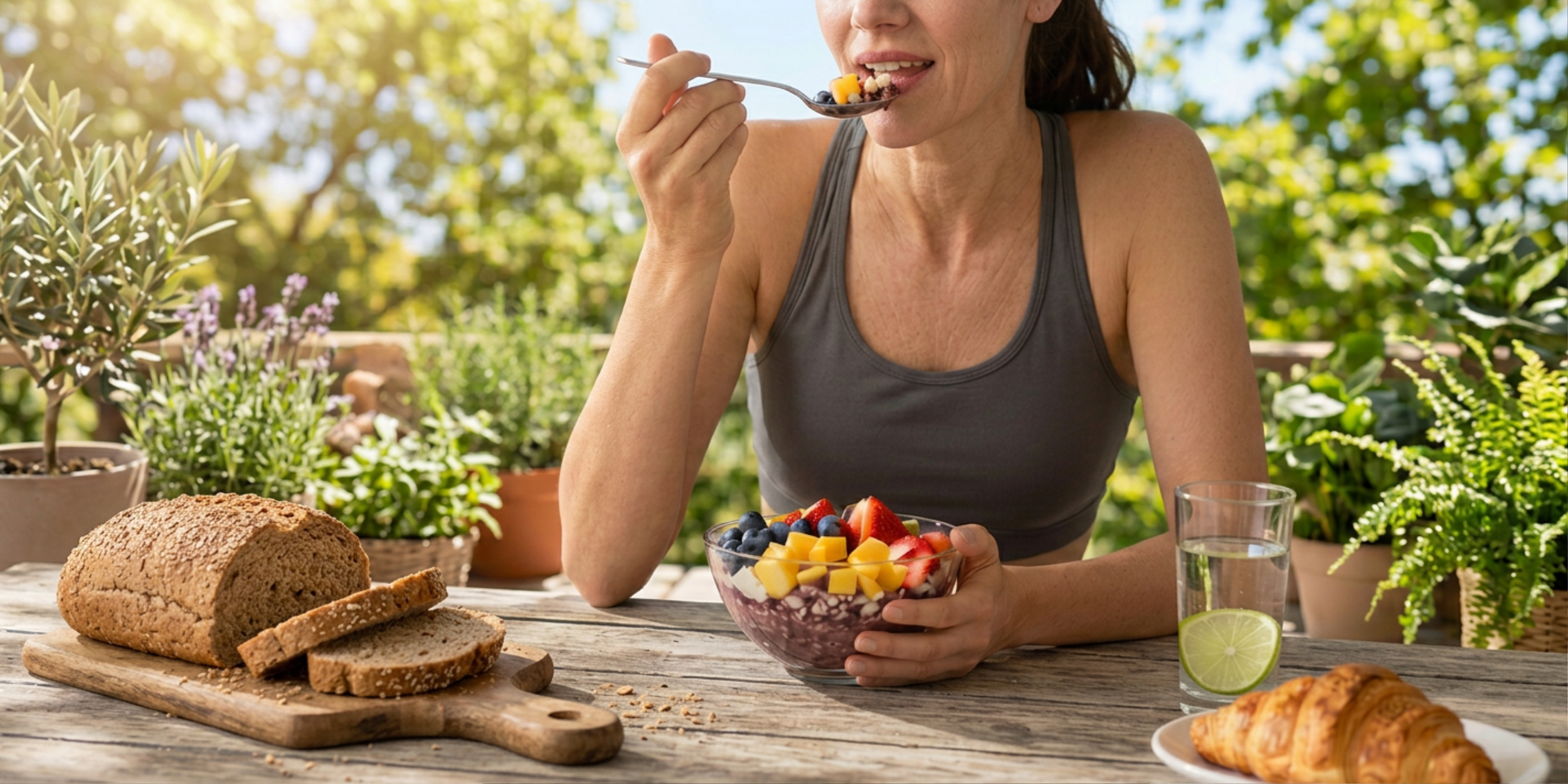 Une femme mange une salade de fruits dans un jardin, entourée de pain, d'un gâteau, de croissants, et d'un verre d'eau au citron.