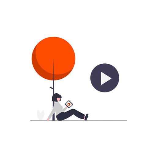 Illustration einer Person mit einem Handy, die auf dem Boden sitzt, mit einem großen roten Ball und einem Play-Button daneben.