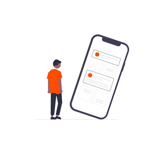 Eine Illustration eines Mannes, der eine große Smartphone-Anzeige betrachtet, auf der Nachrichten oder Benachrichtigungen angezeigt werden.