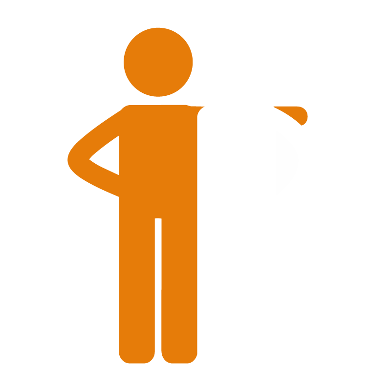 Zwei stilisierte Figuren, eine in orange mit arm um die Schulter der weißen Figur gelegt, symbolisieren Gemeinschaft oder Unterstützung.