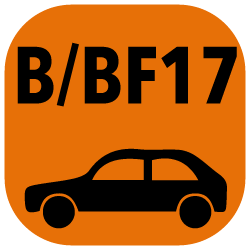 Illustration für die Führerscheinklasse B/BF17 mit Auto-Symbol auf orangefarbenem Hintergrund