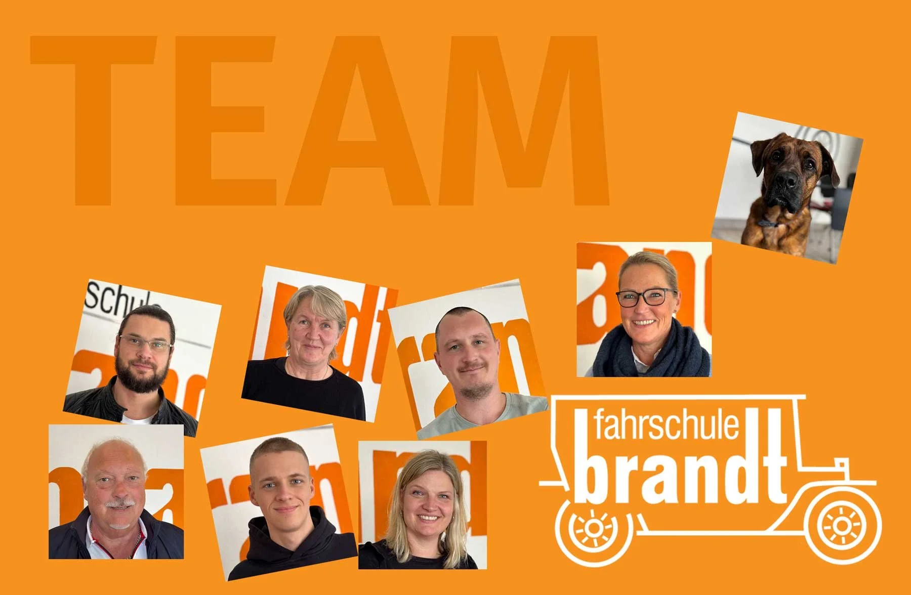 Dieses Bild zeigt ein orangefarbenes Plakat mit dem Wort 'TEAM' in großen Buchstaben. Es enthält mehrere Fotos von Fahrlehrer*innen, und das Logo der Fahrschule Brandt.