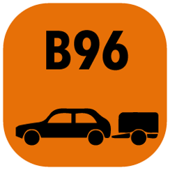 Illustration für die Führerscheinklasse B96 mit orangefarbenem Hintergrund, zeigt ein Auto und einen Anhänger.