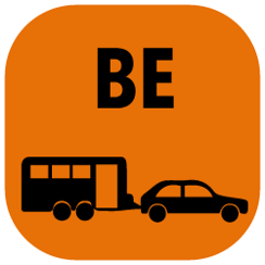 Illustration für die Führerscheinklasse  BE mit orangefarbenem Hintergrund, zeigt Bus und Auto.