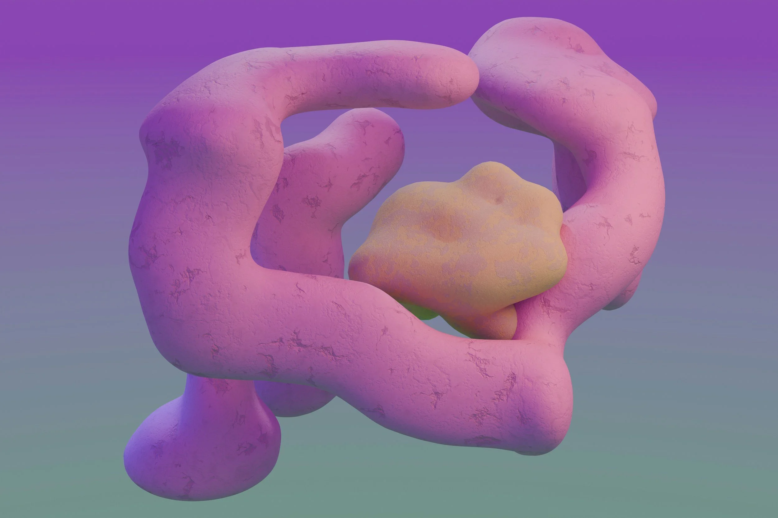 3D illustration of a pink and purple molecular structure with a yellow central component against a gradient background.