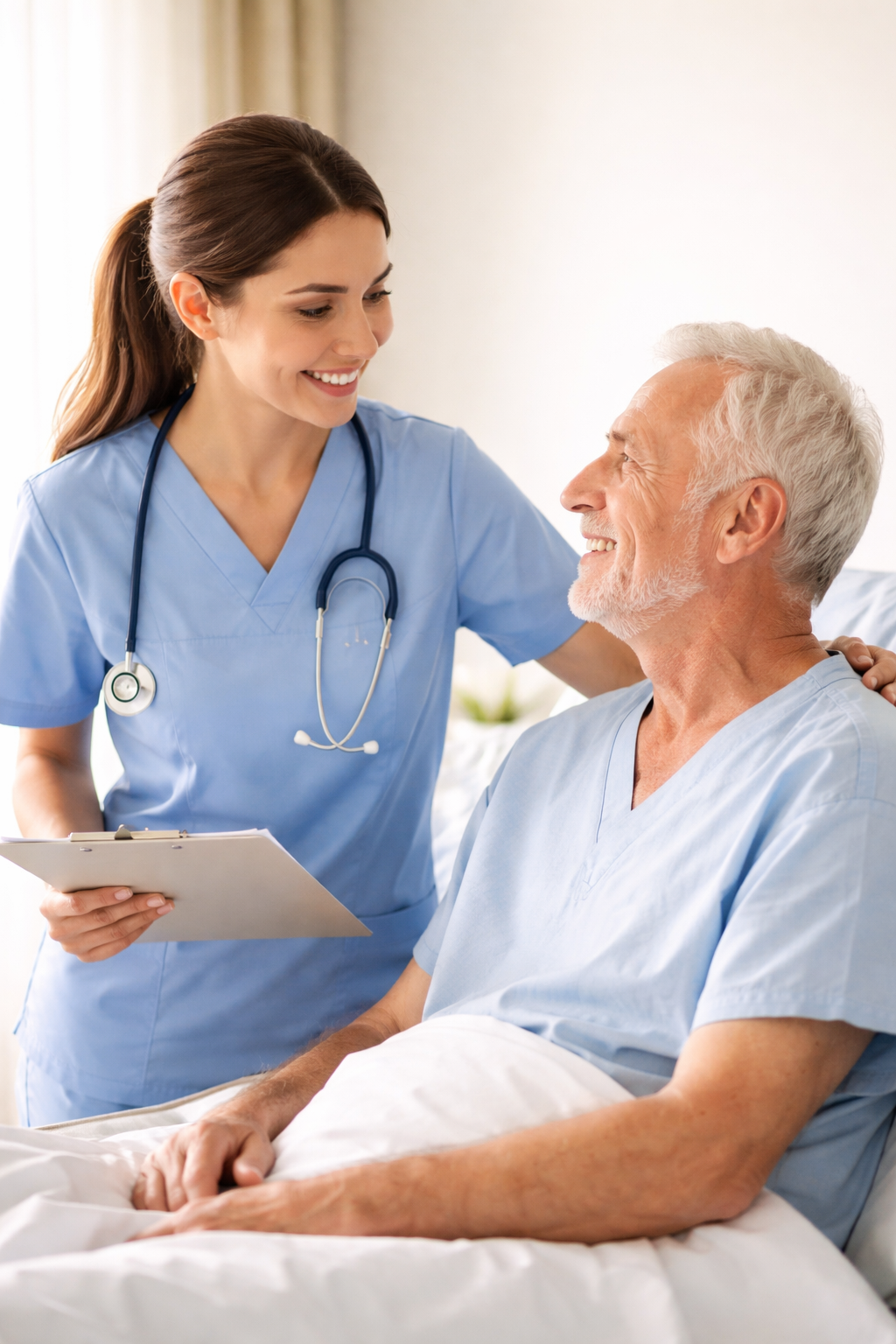 A nurse smiling at an elderly male patient in a hospital bed.