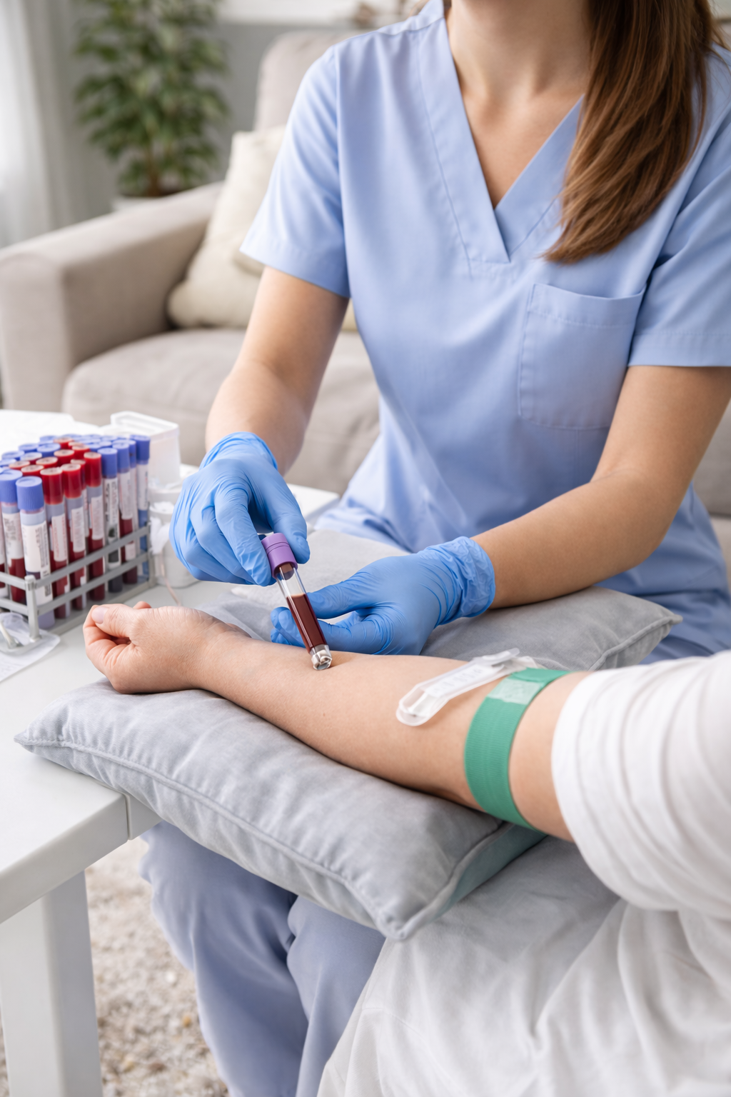 A nurse in blue scrubs and gloves drawing blood from a patient's arm using a syringe, with blood collection tubes nearby.