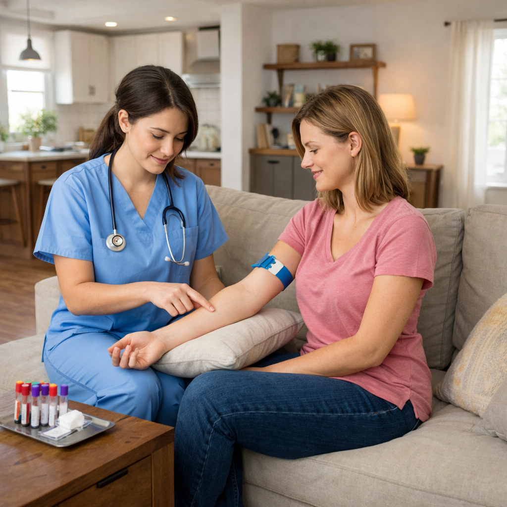 Nurse in blue scrubs performing a blood test on a woman in a pink shirt, sitting on a couch in a cozy living room.