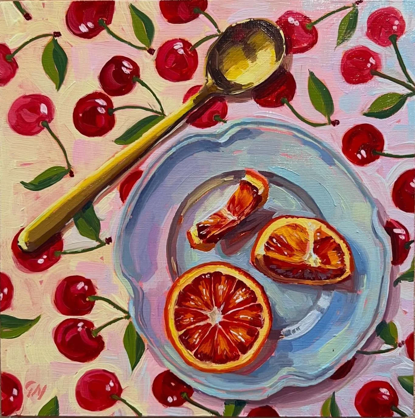 Oil painting of sliced blood oranges on a plate, surrounded by a cherry pattern background with green leaves and red cherries, featuring a gold spoon.