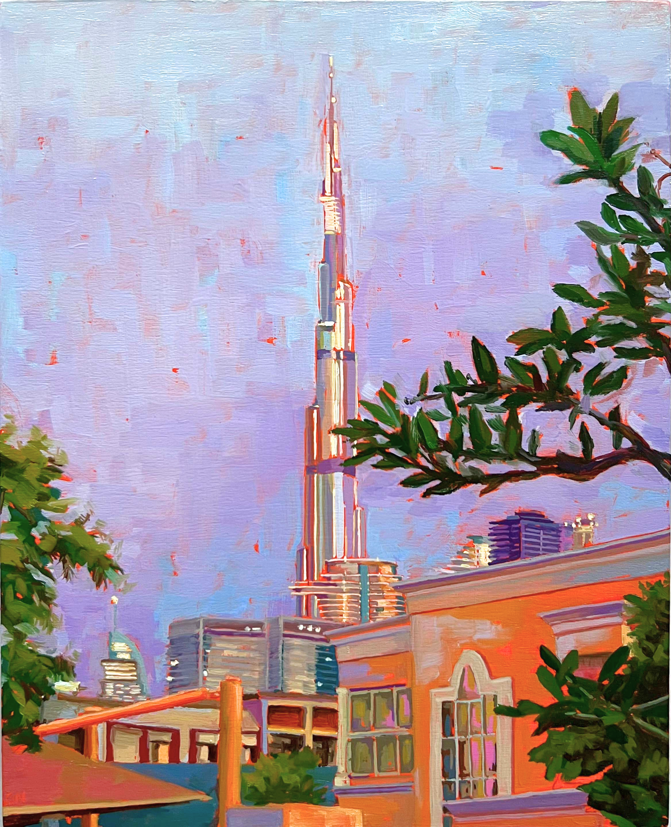 An artistic painting of the city skyline featuring the Burj Khalifa, surrounded by buildings and greenery in the foreground.