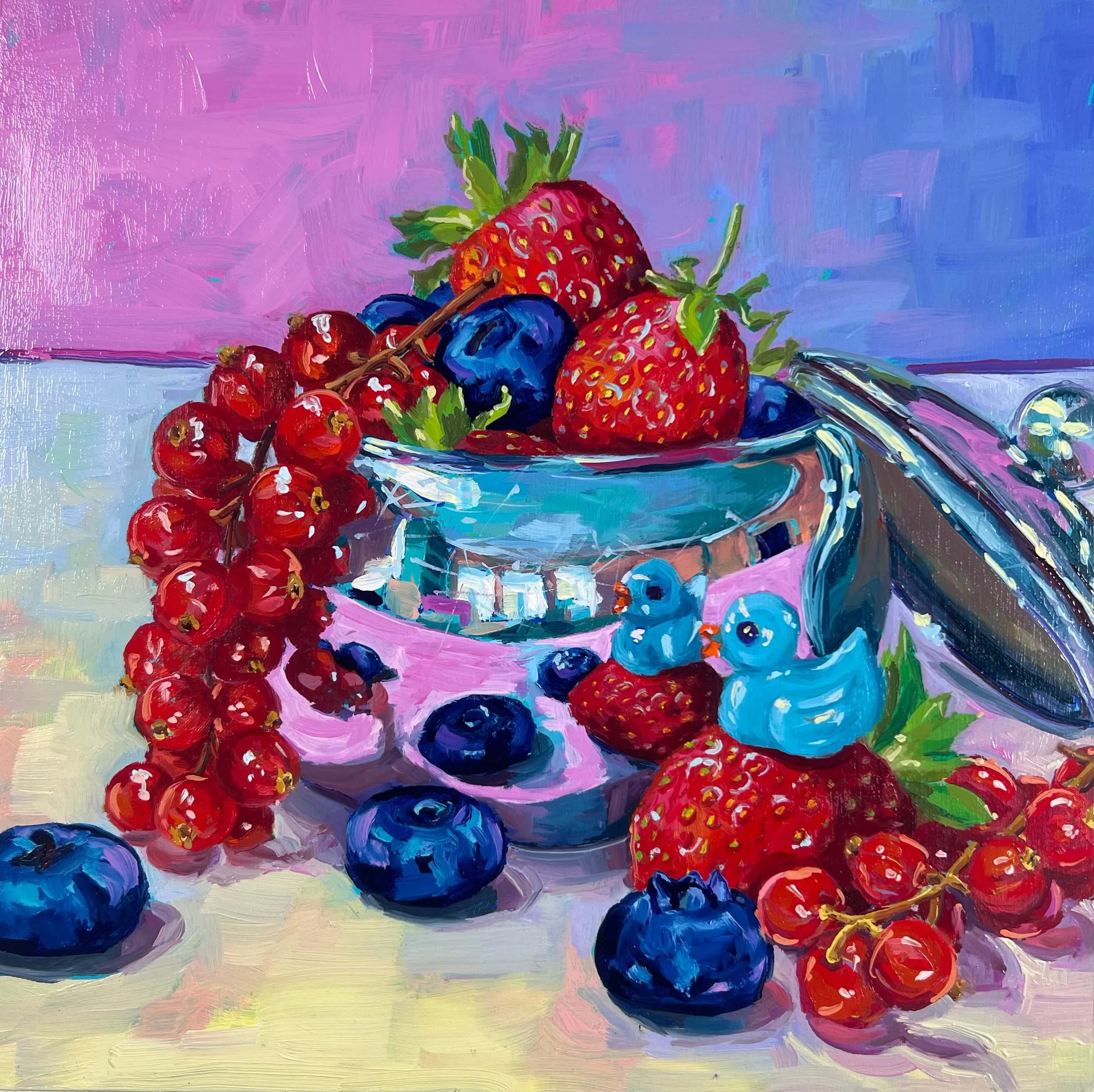 A colorful painting of a metal bowl filled with strawberries, blueberries, a bunch of red currants and a small blue duck figurine, all set on a table with a pastel-colored background.
