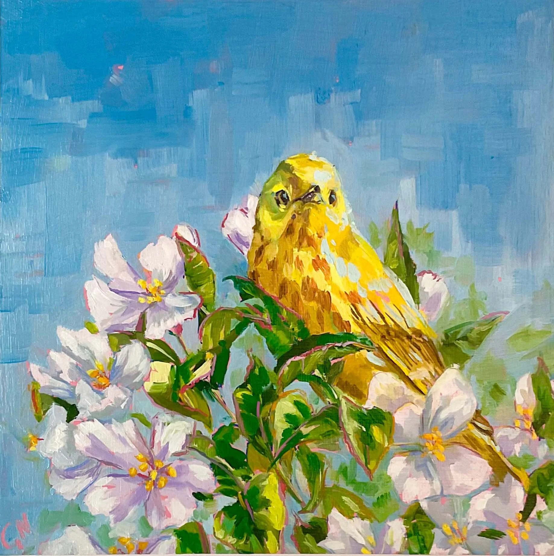 A painting of a yellow bird sitting on a branch with white flowers and green leaves, against a blue sky background.