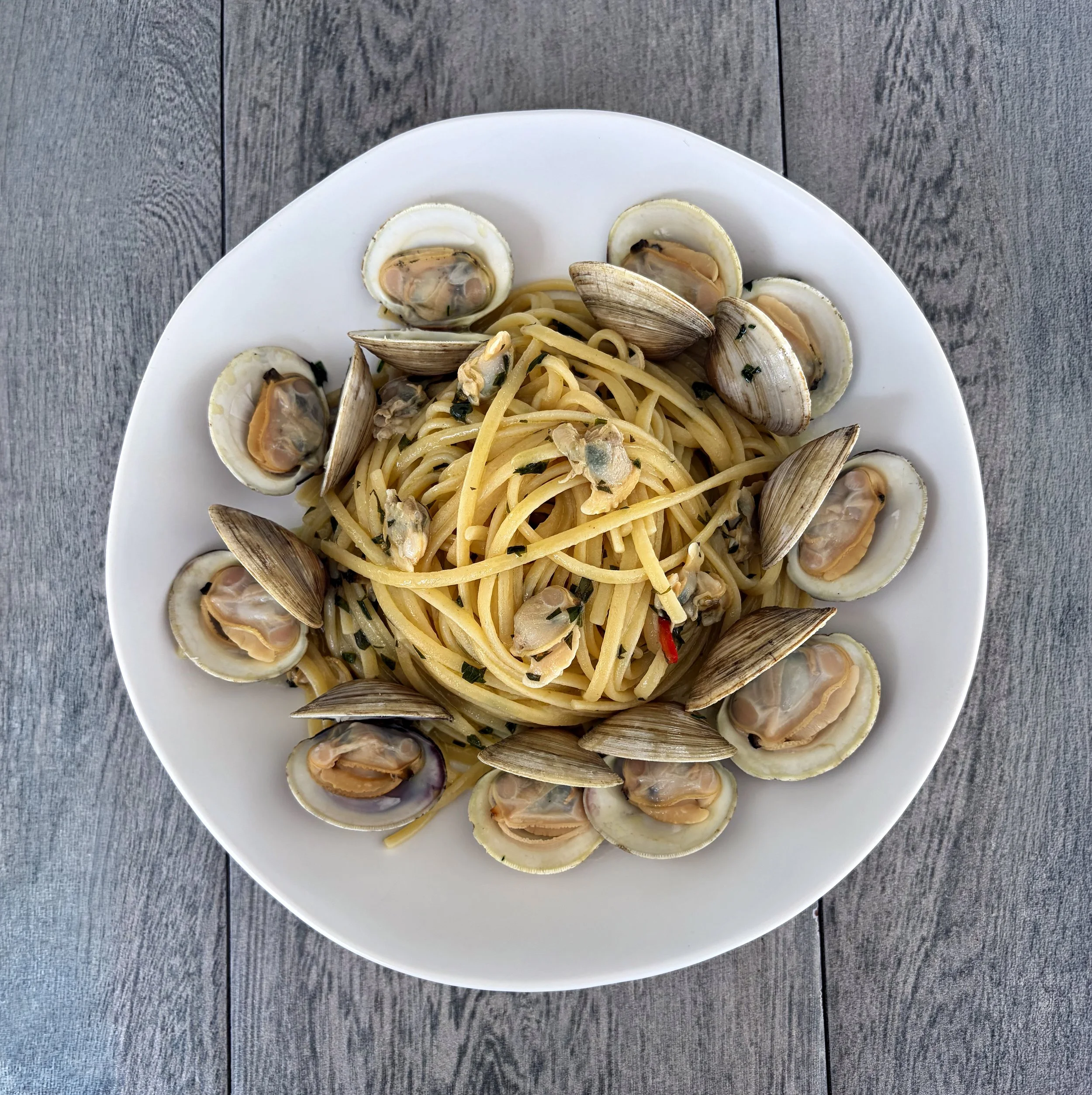 Linguine alle vongole with clams prepared and photographed by Jack Valerio for The Guaranteed Gourmet.