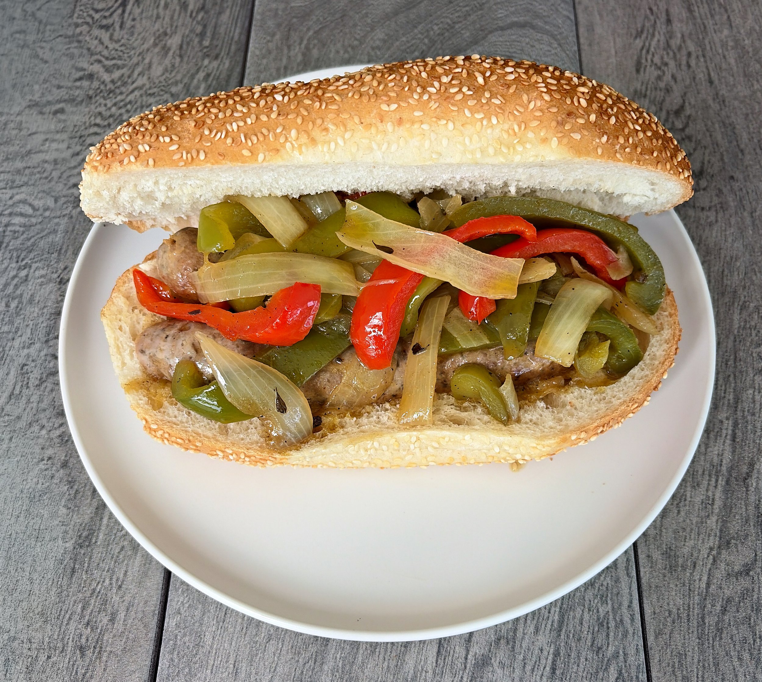 Italian-American sausage and peppers prepared and photographed by Jack Valerio for The Guaranteed Gourmet.