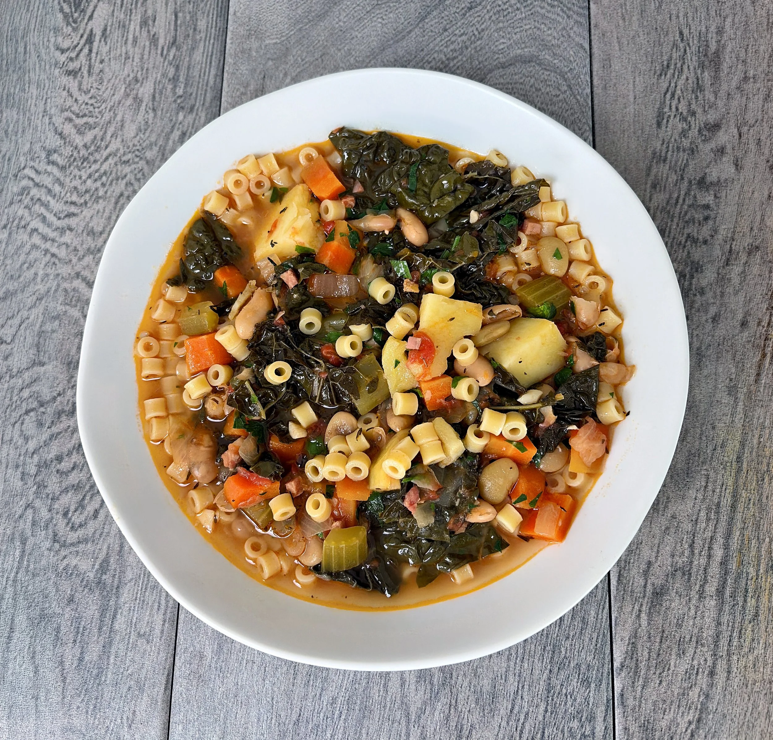 Italian minestrone soup prepared and photographed by Jack Valerio for The Guaranteed Gourmet.