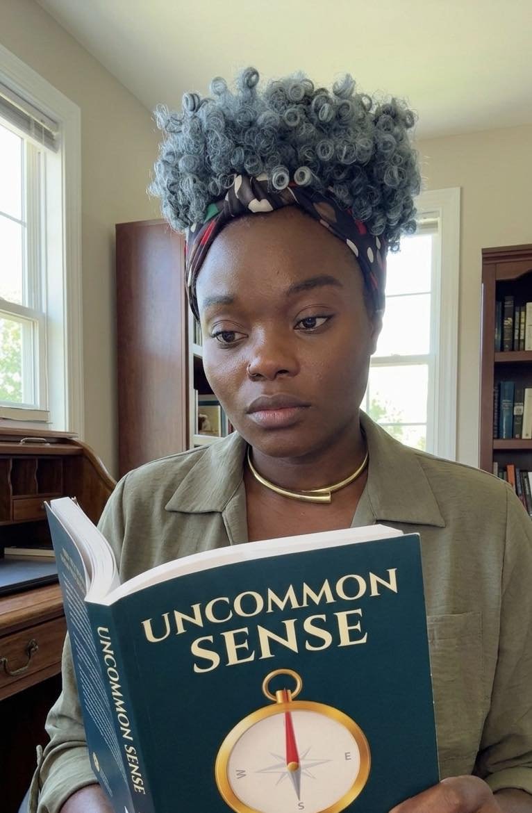 Author Nancy reading a copy of Uncommon Sense by Jack Valerio.