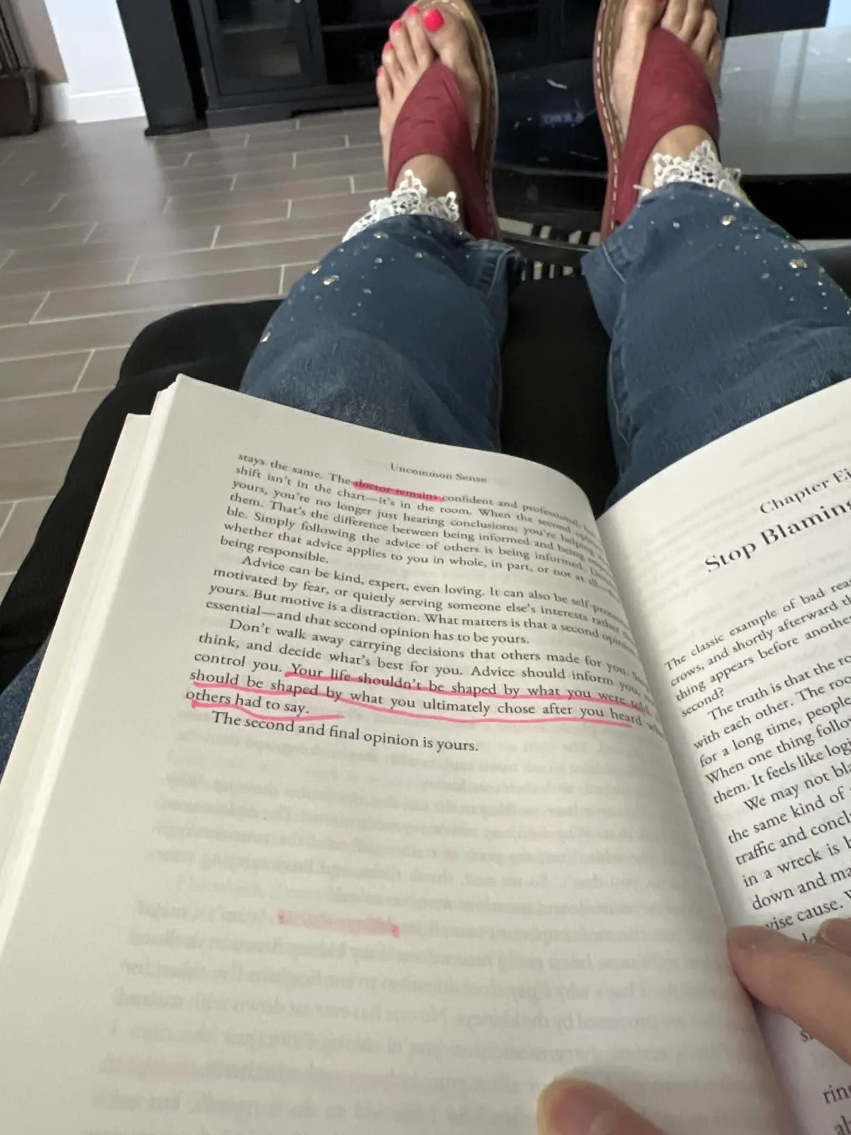 Open copy of Uncommon Sense by Jack Valerio with meaningful passages underlined by reader Erna.