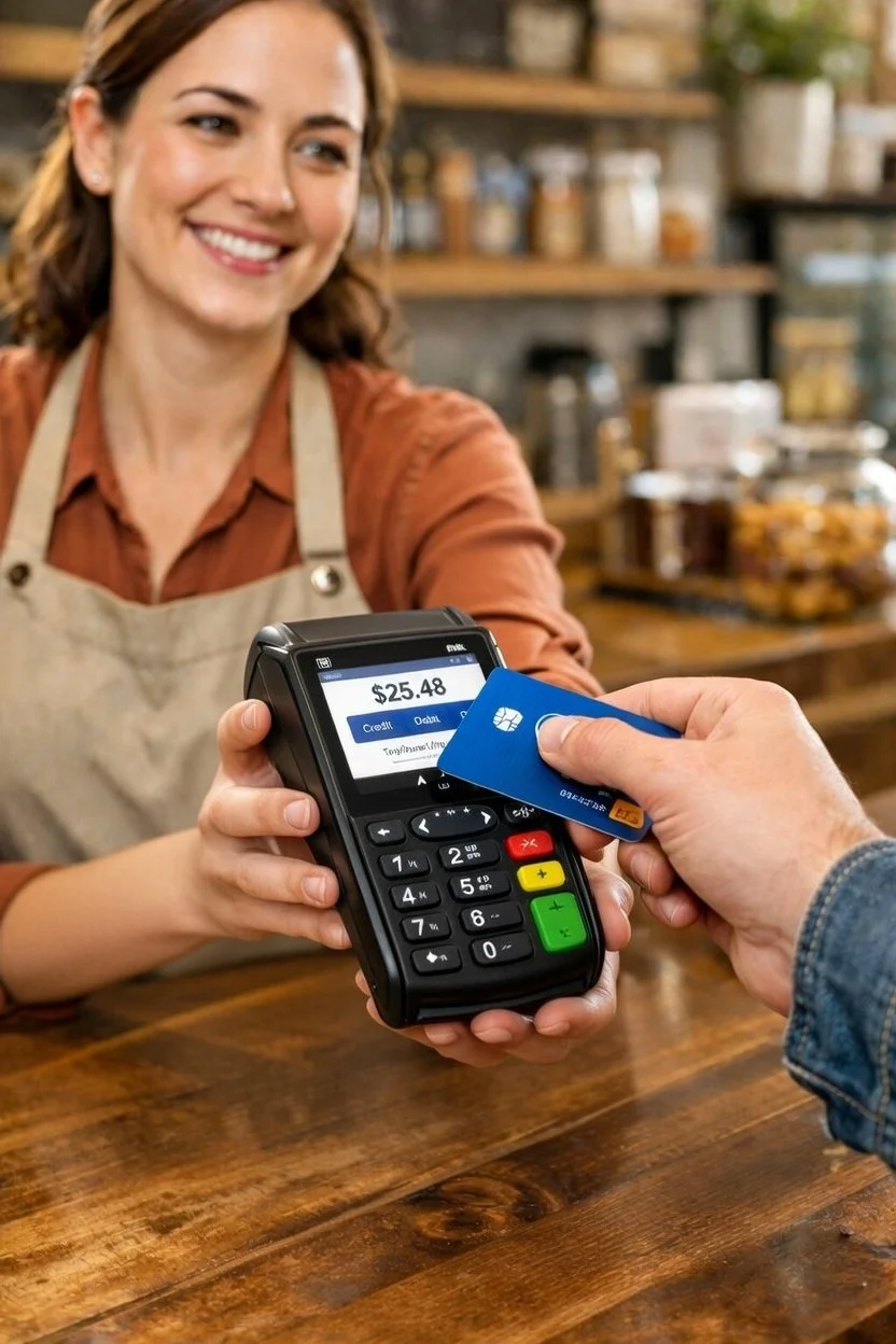 A woman in a coffee shop or bakery smiling as she receives a payment with a card reader from a customer.