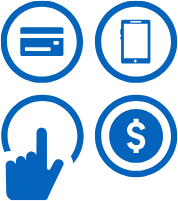 Icons of a card, a mobile phone, a finger touching a screen, and a dollar sign.