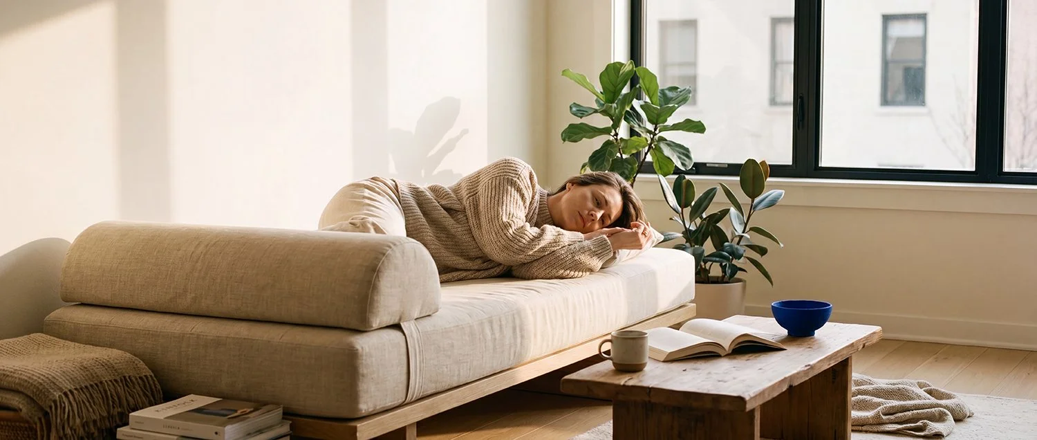 Vrouw rust op een dagbed bij ochtendlicht — recovery en herstel zijn volgens esthetisch arts Dr. Liesbeth Laureyn essentieel voor een goede metabole gezondheid.