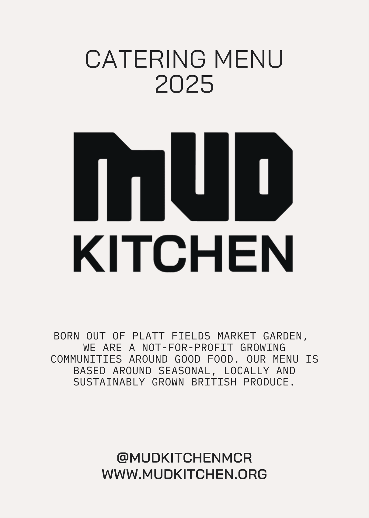 Cover page of Mud Kitchen's 2025 catering menu with a description of their community-focused, seasonal, and locally grown British produce.