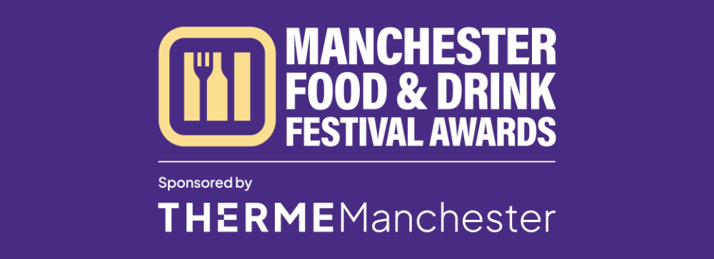 Logo for Manchester Food & Drink Festival Awards sponsored by Therm Manchester, featuring a fork and knife icon.