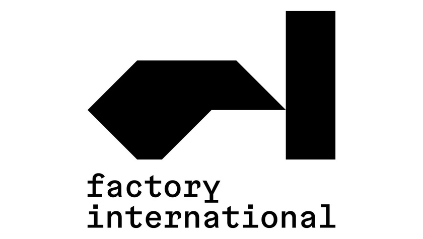 Logo for Factory International featuring black geometric shapes and text.