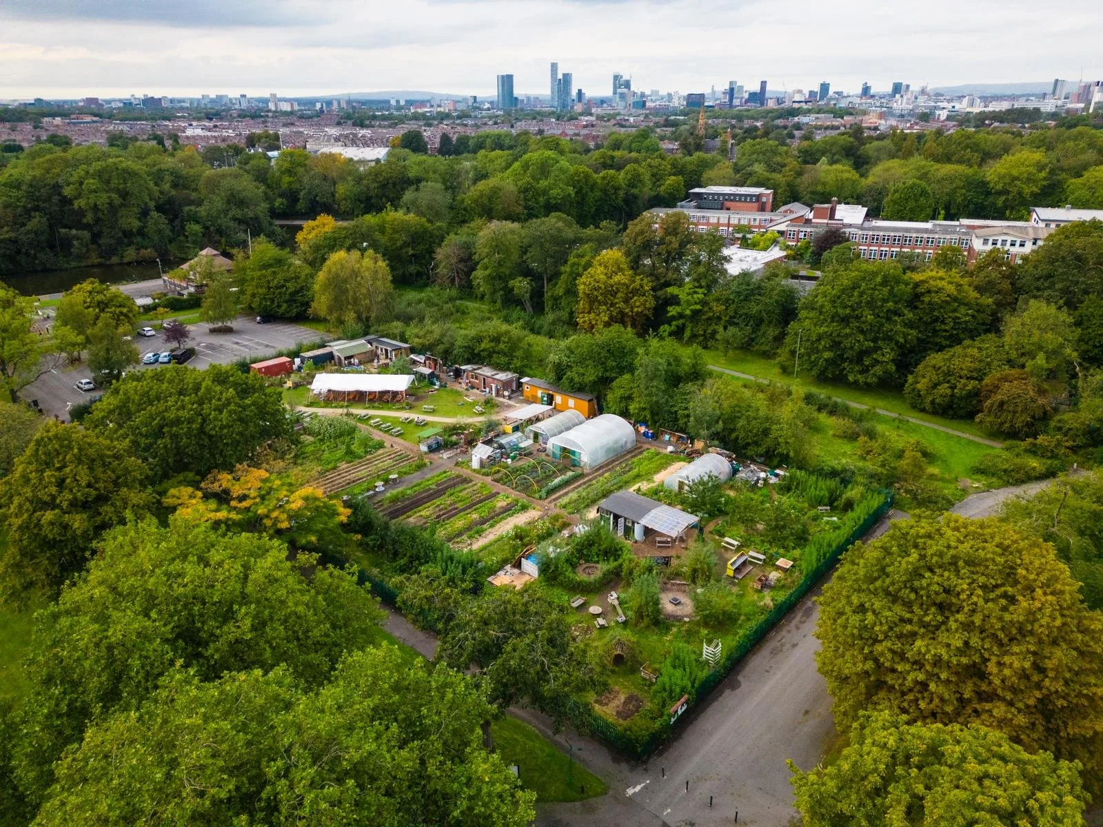 Aerial view of a community garden with greenhouses, garden beds, and trees, surrounded by a parking lot and dense greenery, with a cityscape in the background.