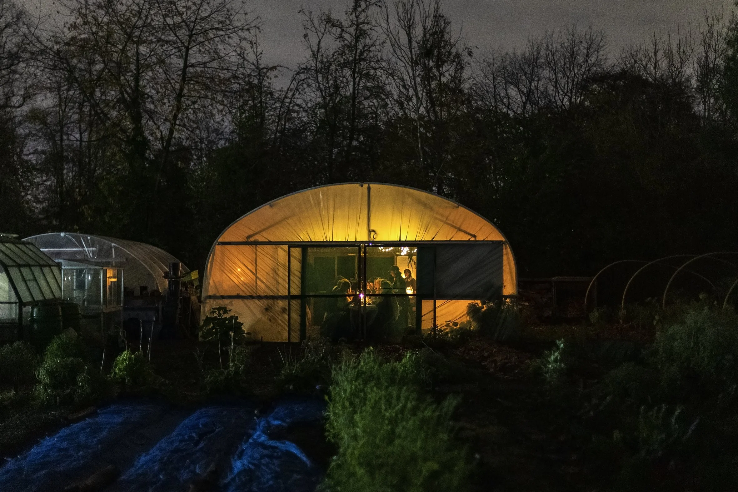 Nighttime view of a greenhouse illuminated from inside, with people inside visible through the glass panels, surrounded by garden beds and trees.