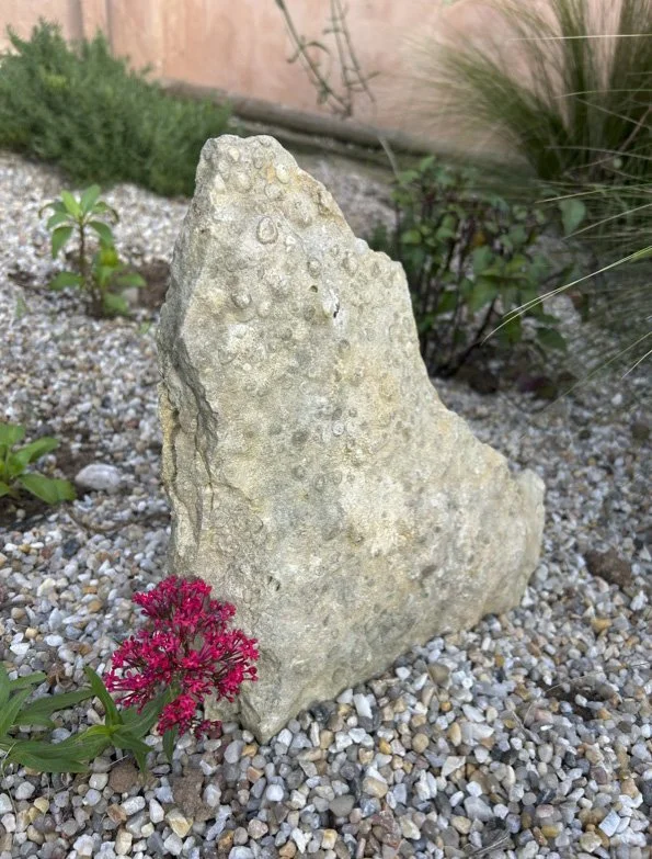 A large, rough-textured limestone rock in a natural gravel garden design, with small pink flowers and green plants nearby.
