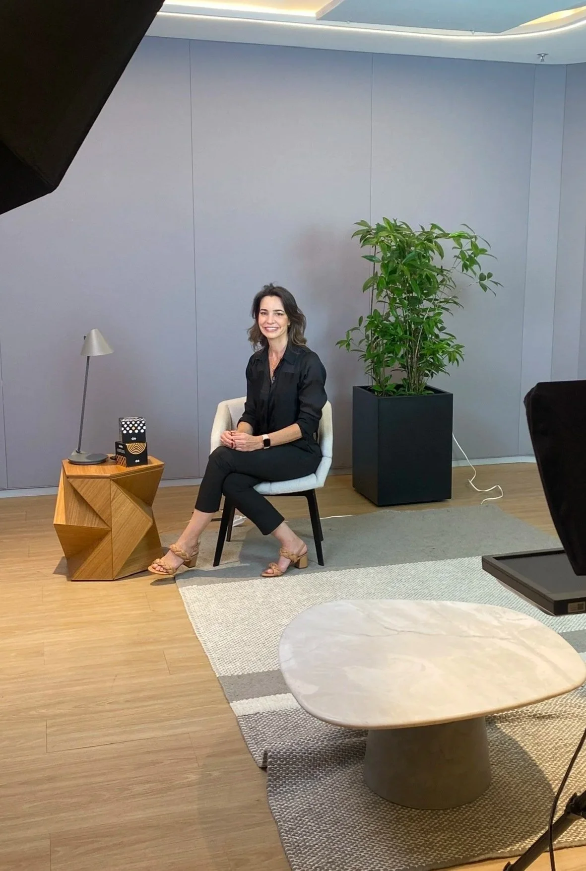 Mulher sentada em cadeira, rosto sorridente, cenário de escritório com planta grande, mesa lateral, luminária e tapete.