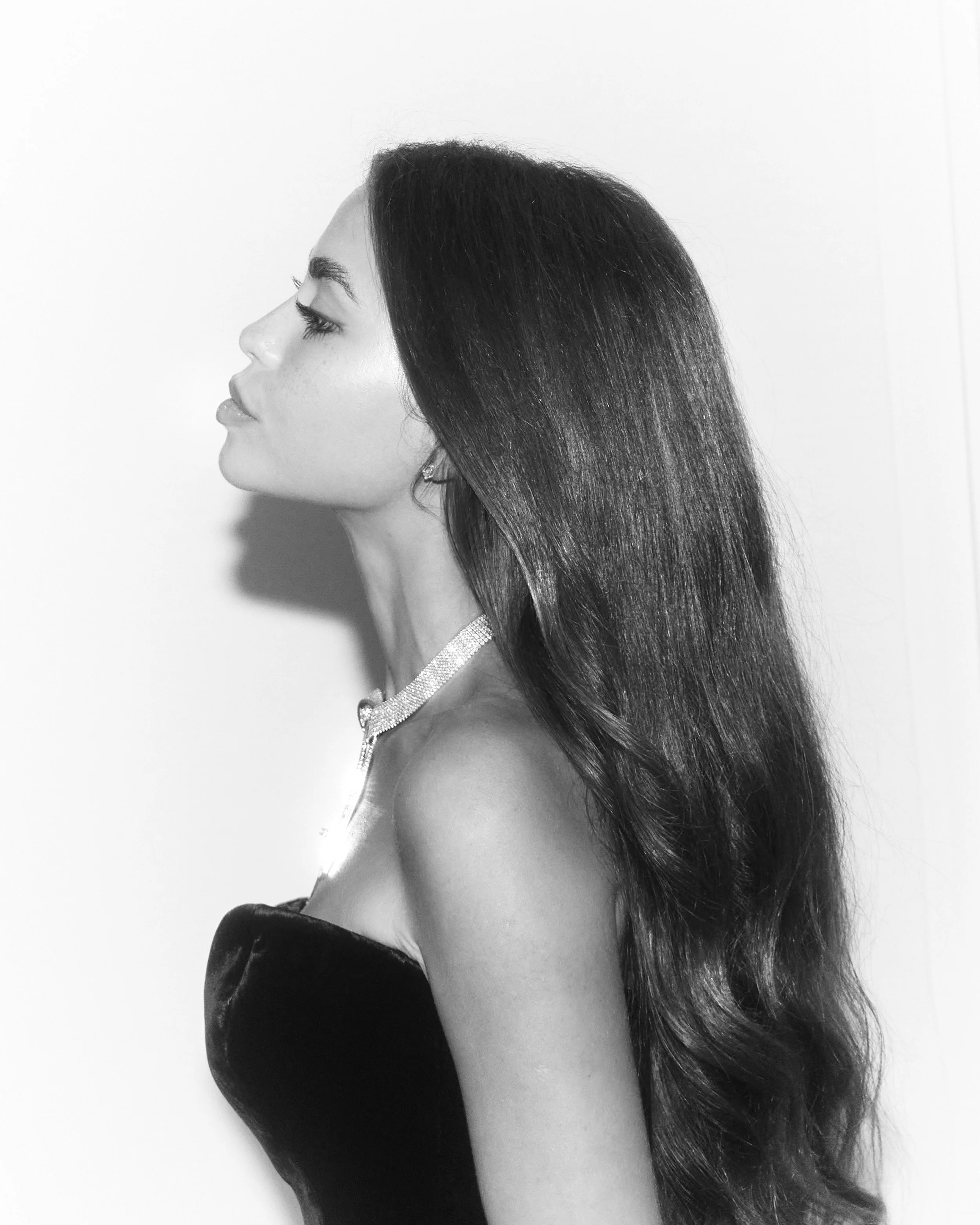Side profile of a woman with long, dark, wavy hair wearing a black strapless dress and a sparkling necklace.